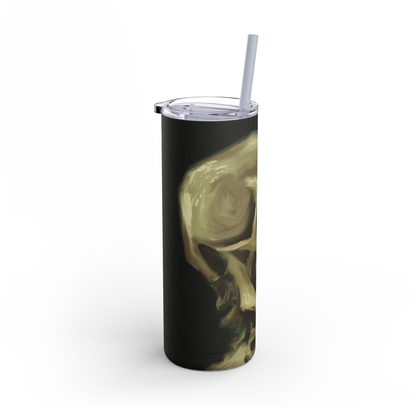 Gothic Skull Tumbler, 20oz | Unique Matte Travel Cup | Halloween Decor | Day of the Dead | Edgy Gifts for Skull Lovers, Reusable Drinkware | Van Gogh's Skeleton with Burning Cigarette Reimagined, Abstract Modern Twist Art