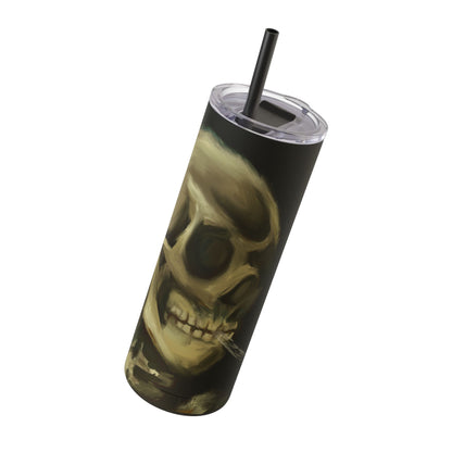 Gothic Skull Tumbler, 20oz | Unique Matte Travel Cup | Halloween Decor | Day of the Dead | Edgy Gifts for Skull Lovers, Reusable Drinkware | Van Gogh's Skeleton with Burning Cigarette Reimagined, Abstract Modern Twist Art