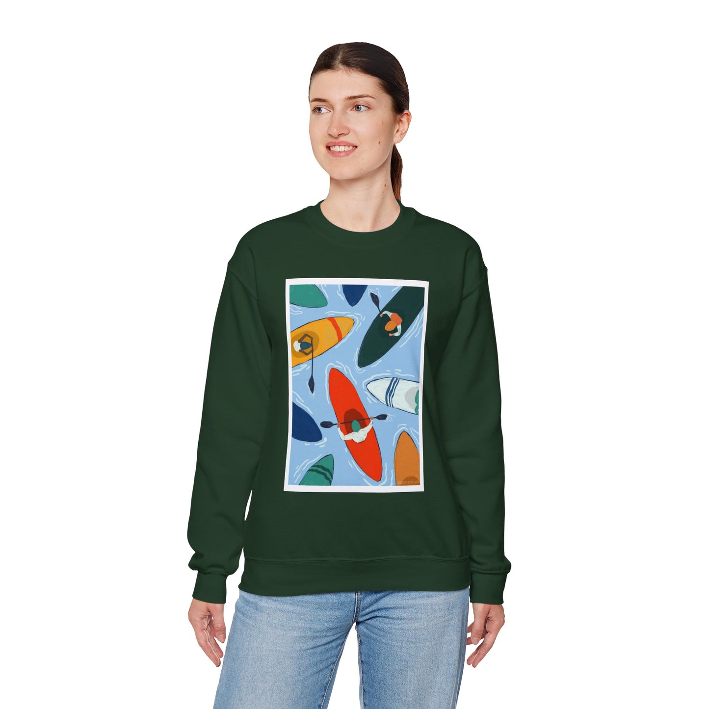 Colorful Kayak Print Crewneck Sweatshirt, Cozy Unisex Pullover, Perfect for Outdoor Lovers, Kayaking Gift, Summer Vibes, Artsy Crewneck, Comfy Pullover, Funky, Quirky Art