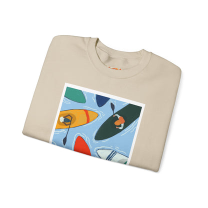 Colorful Kayak Print Crewneck Sweatshirt, Cozy Unisex Pullover, Perfect for Outdoor Lovers, Kayaking Gift, Summer Vibes, Artsy Crewneck, Comfy Pullover, Funky, Quirky Art