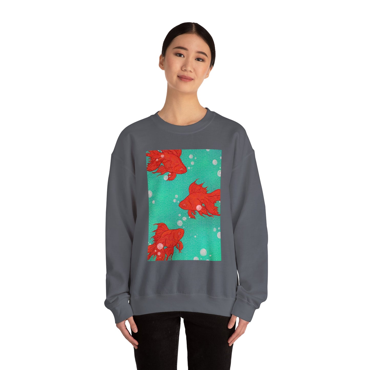 Colorful Fish Graphic Crewneck Sweatshirt, Cozy Unisex Sweater, Fun Graphic Top, Ideal Gift for Fish Lovers, Casual Everyday Wear, Comfy Goldfish Crewneck