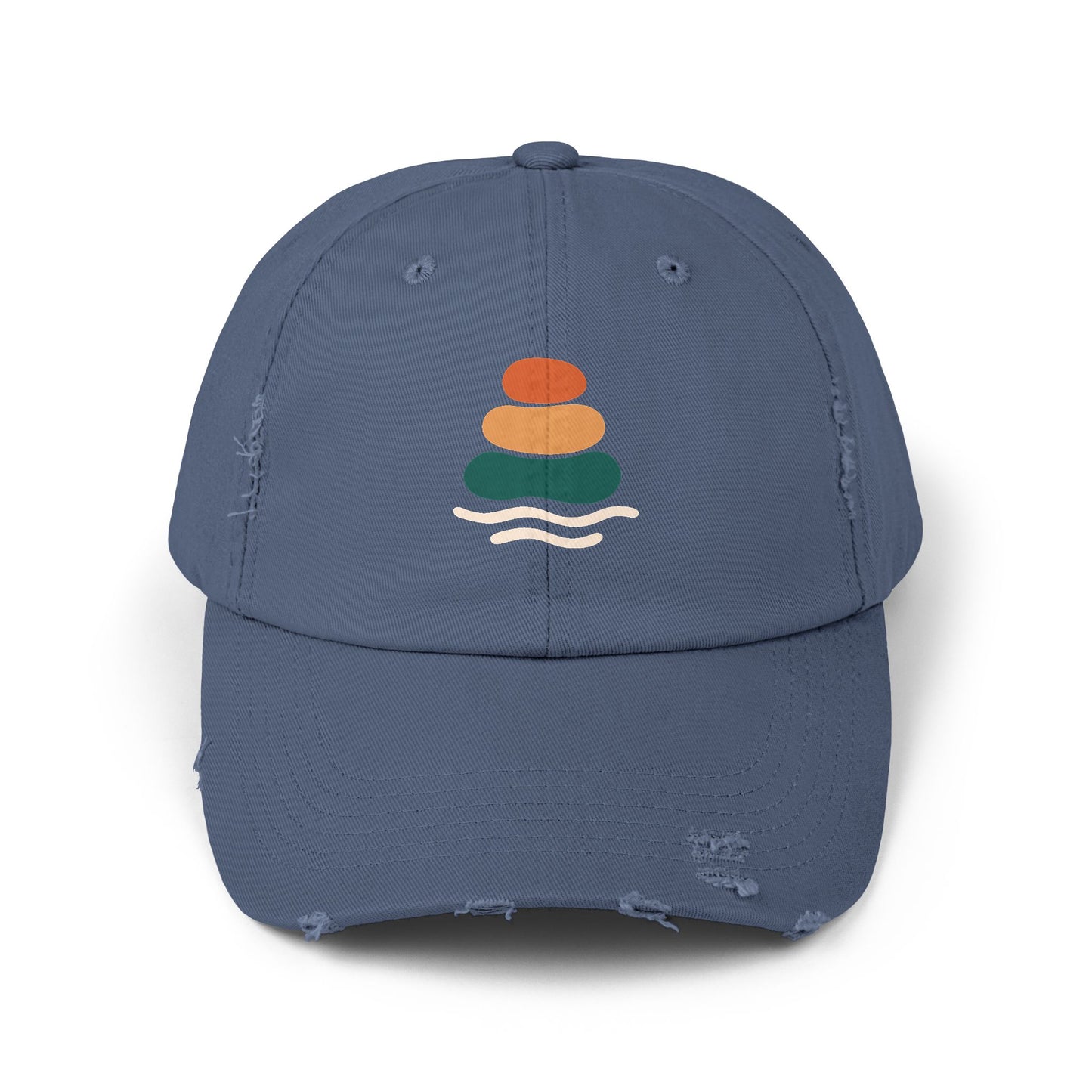 Unisex Distressed Cap with Peaceful Stones Design, Relaxed Vibe, Perfect for Casual Wear, Outdoor Adventures, Gifts for Friends, Beach Wear, Mindfulness Gifts, Serene Crewneck Sweatshirt