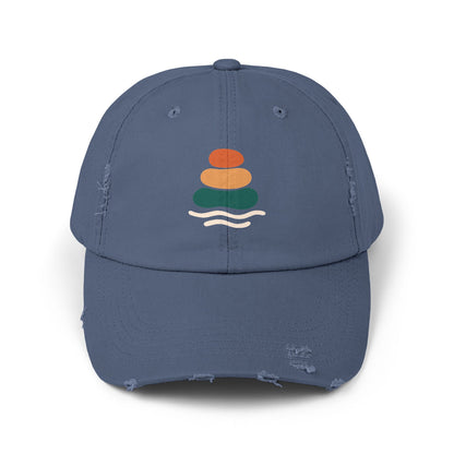 Unisex Distressed Cap with Peaceful Stones Design, Relaxed Vibe, Perfect for Casual Wear, Outdoor Adventures, Gifts for Friends, Beach Wear, Mindfulness Gifts, Serene Crewneck Sweatshirt