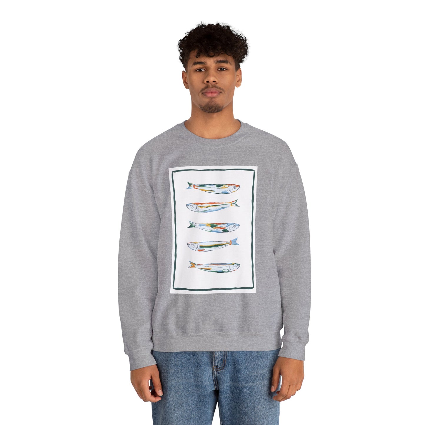 Row of Funky Fish Design Crewneck Sweatshirt - Cozy Unisex Apparel, Perfect for Fishing Lovers, Gift for Nature Enthusiasts, Casual Wear, Artsy Crewnecks, Quirky Fish, Fun Art, Comfy Sweatshirts