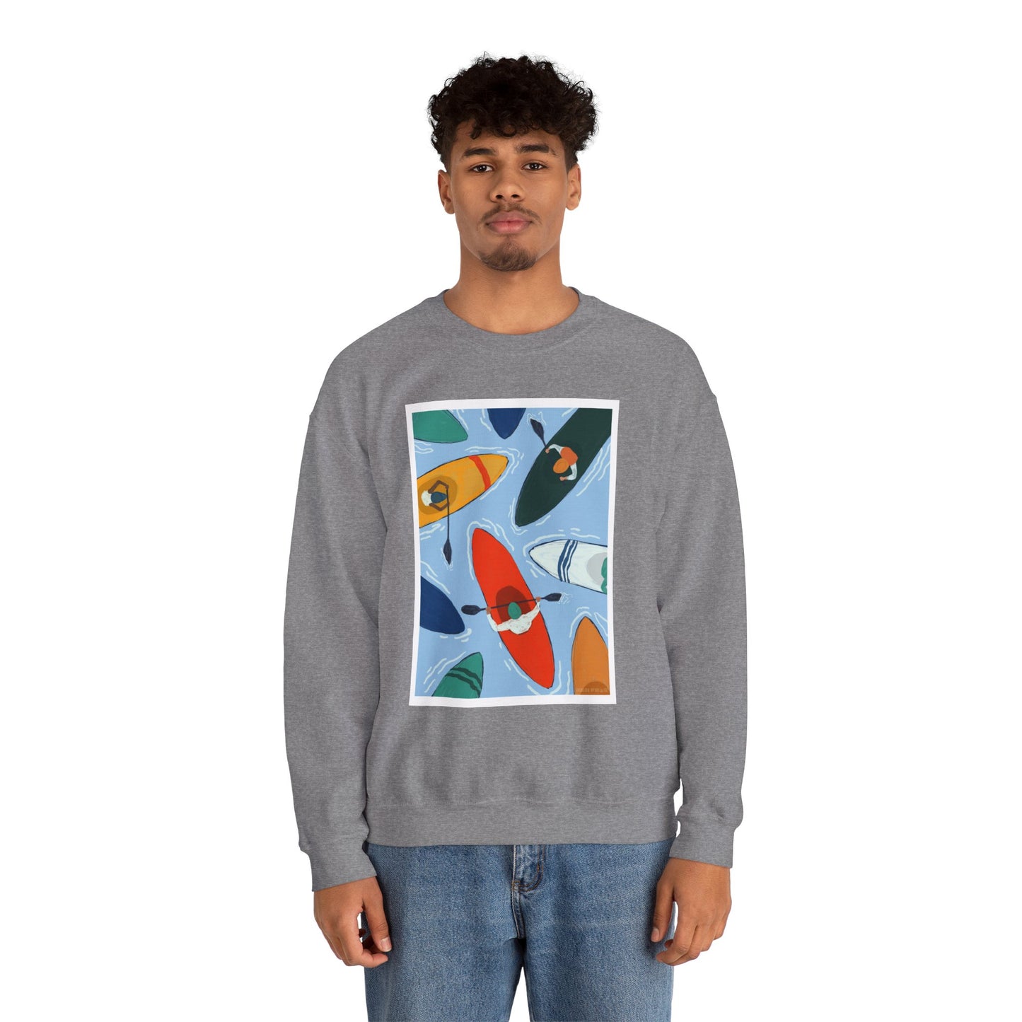 Colorful Kayak Print Crewneck Sweatshirt, Cozy Unisex Pullover, Perfect for Outdoor Lovers, Kayaking Gift, Summer Vibes, Artsy Crewneck, Comfy Pullover, Funky, Quirky Art