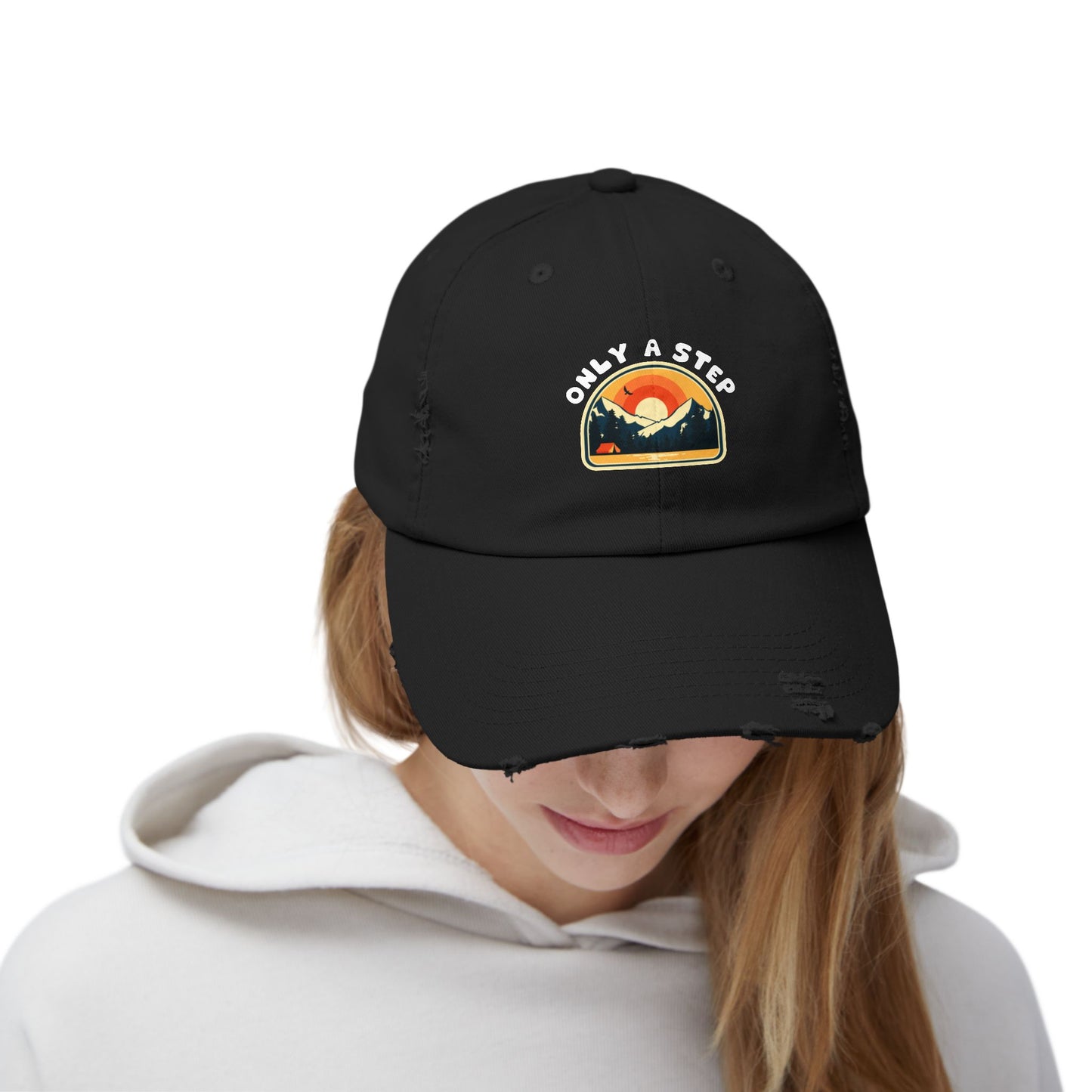 Distressed Cap — “Only a Step” Retro Mountain Sunset Hat