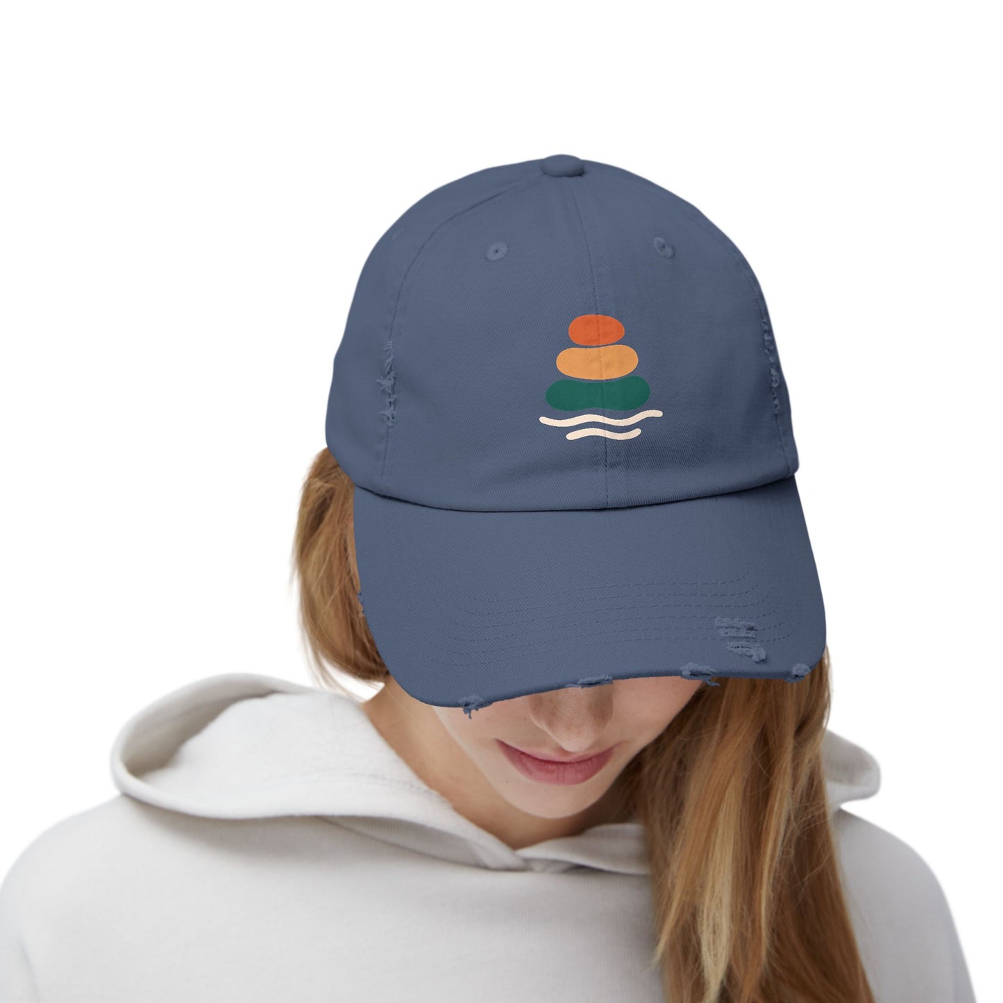 Unisex Distressed Cap with Peaceful Stones Design, Relaxed Vibe, Perfect for Casual Wear, Outdoor Adventures, Gifts for Friends, Beach Wear, Mindfulness Gifts, Serene Crewneck Sweatshirt