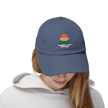 Unisex Distressed Cap with Peaceful Stones Design, Relaxed Vibe, Perfect for Casual Wear, Outdoor Adventures, Gifts for Friends, Beach Wear, Mindfulness Gifts, Serene Crewneck Sweatshirt