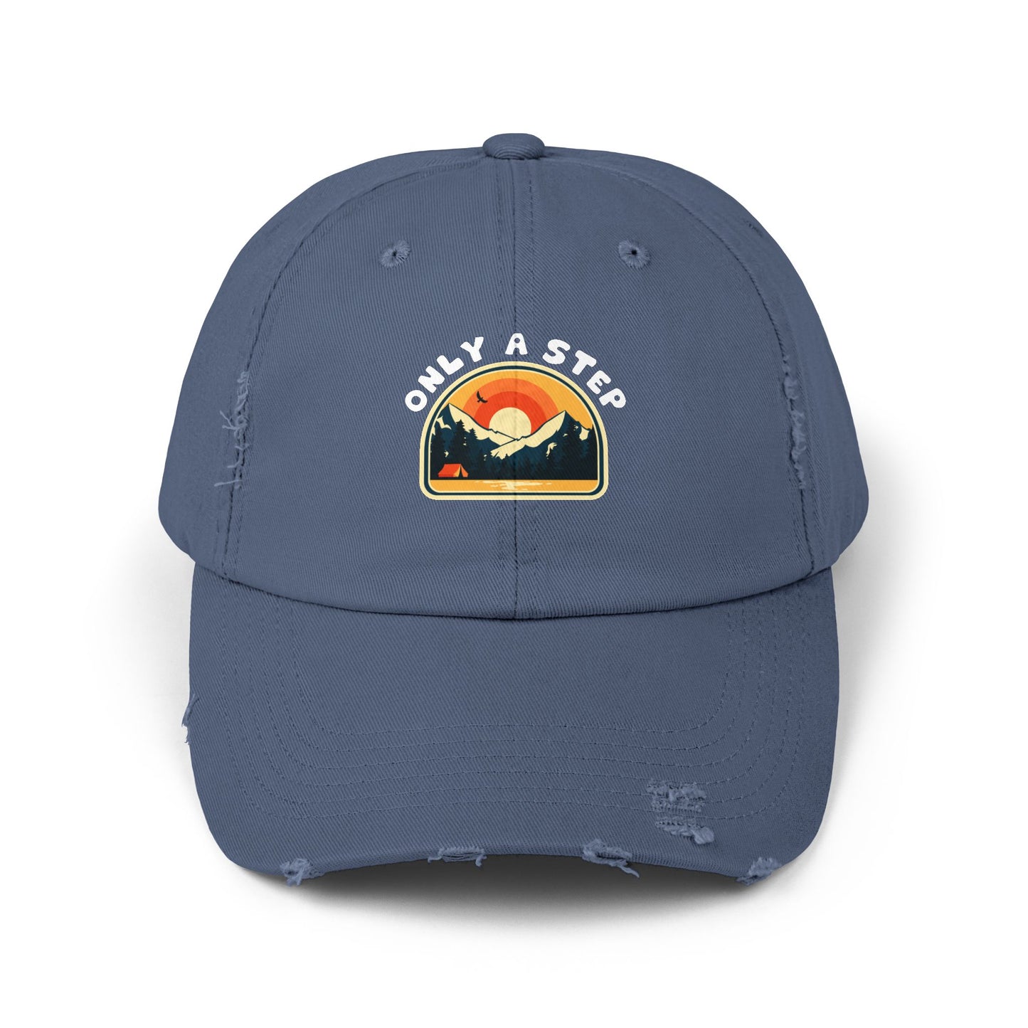 Distressed Cap — “Only a Step” Retro Mountain Sunset Hat