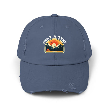 Distressed Cap — “Only a Step” Retro Mountain Sunset Hat