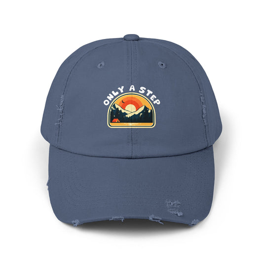 Distressed Cap — “Only a Step” Retro Mountain Sunset Hat