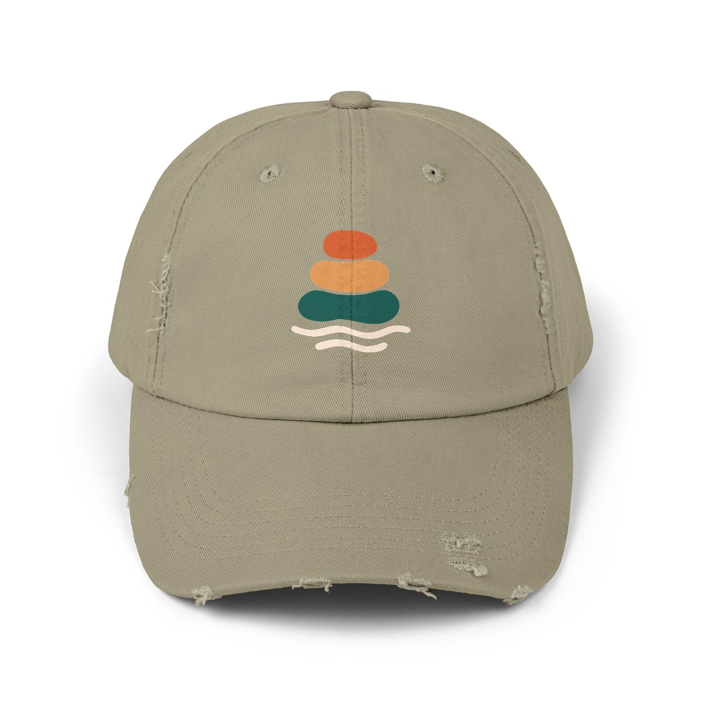 Unisex Distressed Cap with Peaceful Stones Design, Relaxed Vibe, Perfect for Casual Wear, Outdoor Adventures, Gifts for Friends, Beach Wear, Mindfulness Gifts, Serene Crewneck Sweatshirt