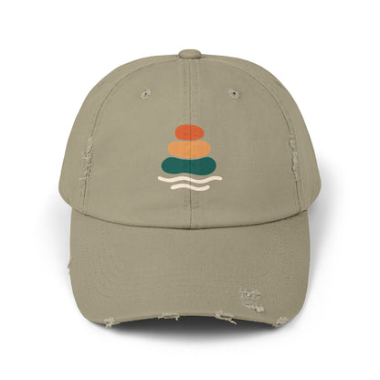 Unisex Distressed Cap with Peaceful Stones Design, Relaxed Vibe, Perfect for Casual Wear, Outdoor Adventures, Gifts for Friends, Beach Wear, Mindfulness Gifts, Serene Crewneck Sweatshirt