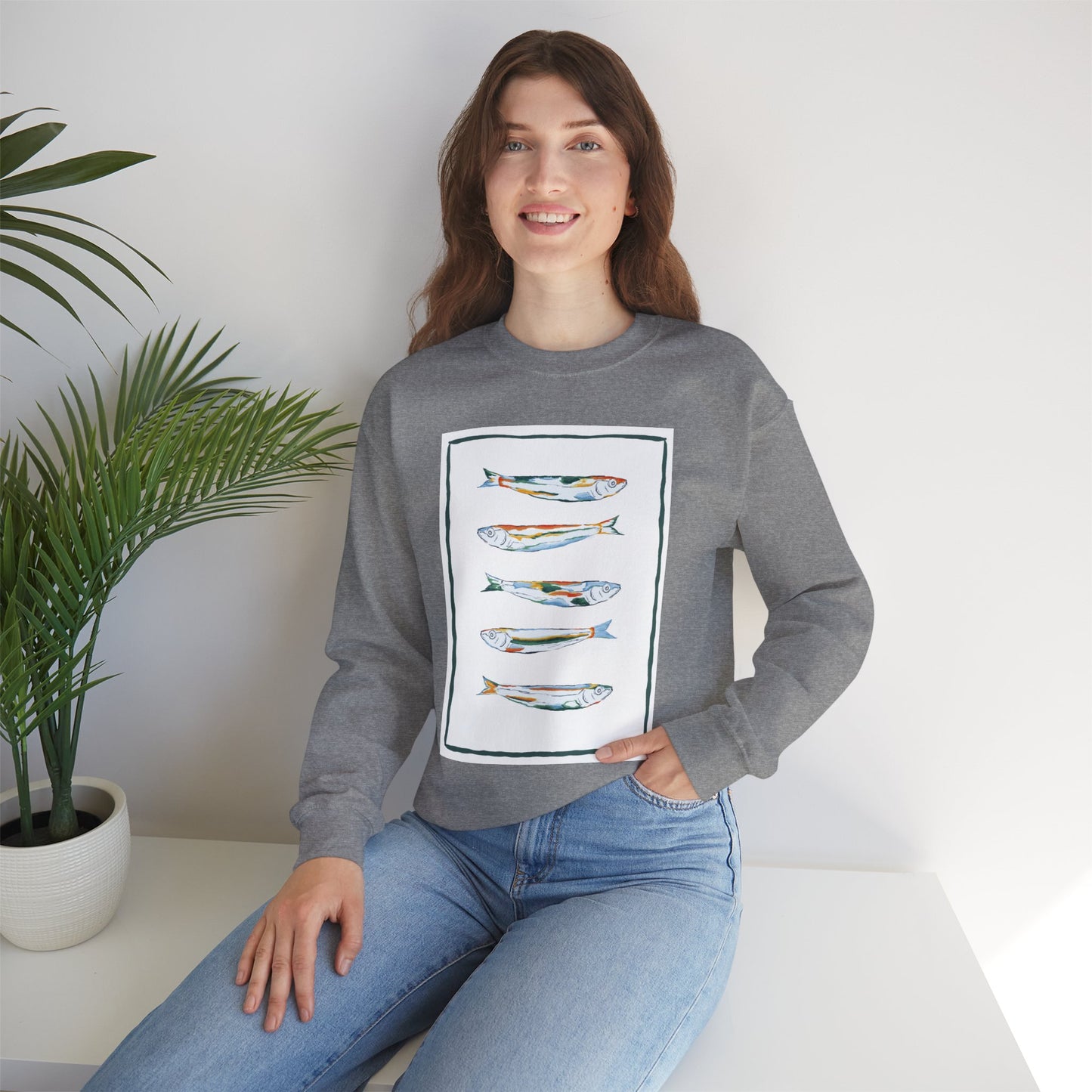 Row of Funky Fish Design Crewneck Sweatshirt - Cozy Unisex Apparel, Perfect for Fishing Lovers, Gift for Nature Enthusiasts, Casual Wear, Artsy Crewnecks, Quirky Fish, Fun Art, Comfy Sweatshirts