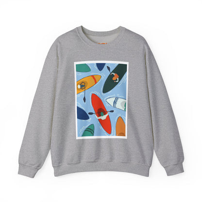 Colorful Kayak Print Crewneck Sweatshirt, Cozy Unisex Pullover, Perfect for Outdoor Lovers, Kayaking Gift, Summer Vibes, Artsy Crewneck, Comfy Pullover, Funky, Quirky Art