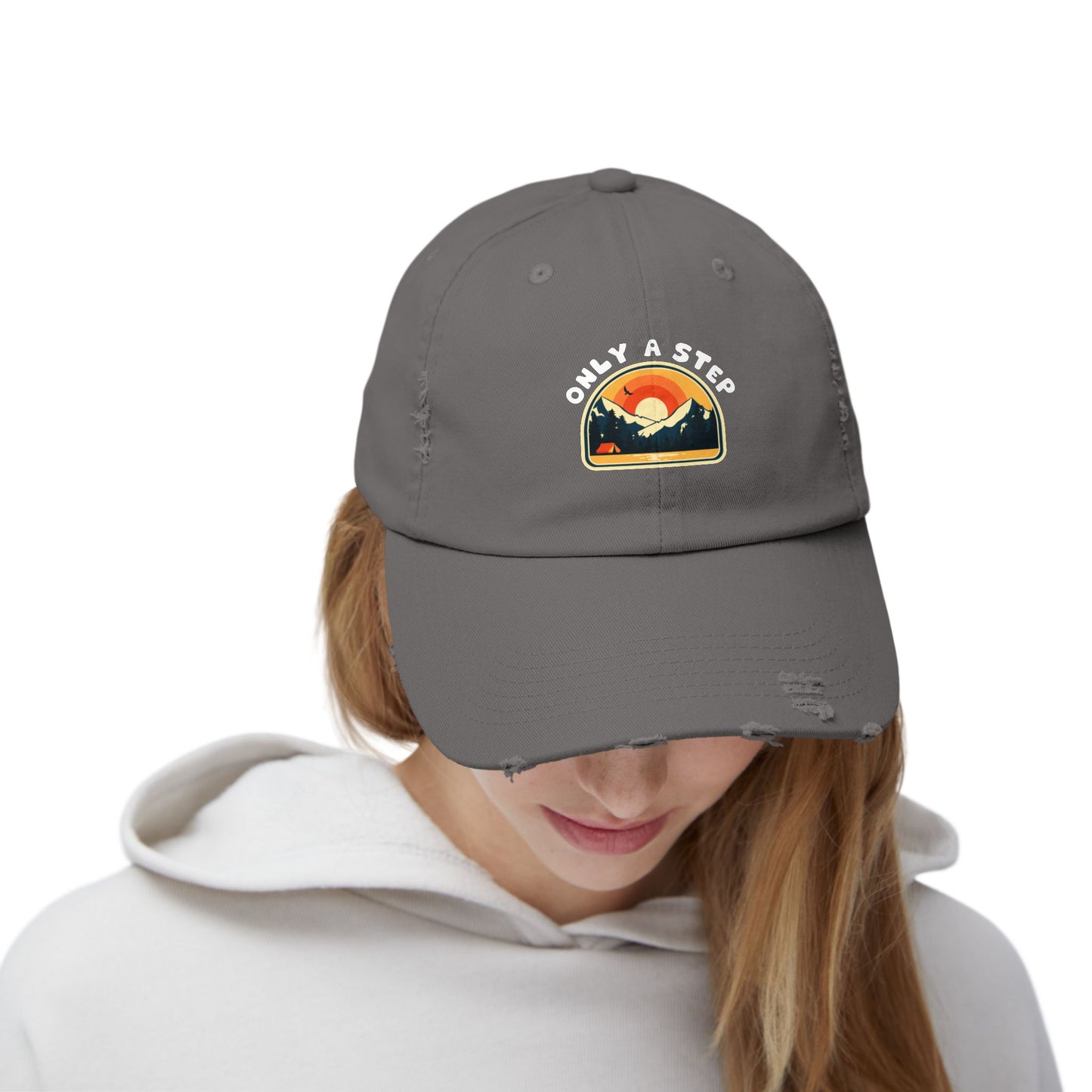 Distressed Cap — “Only a Step” Retro Mountain Sunset Hat
