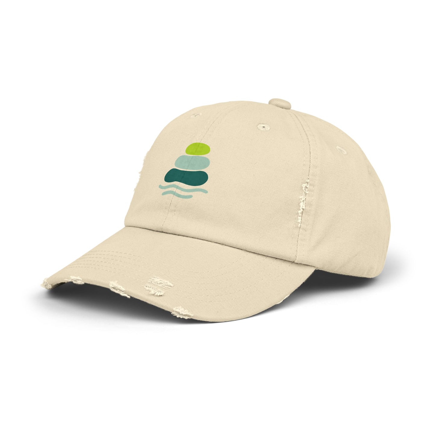Relaxed Unisex Distressed Cap with Peaceful Stone Design, Casual Hat for Nature Lovers, Summer Accessory, Gift for Her/Him, Outdoor Wear, Serene, Mindfulness Gifts