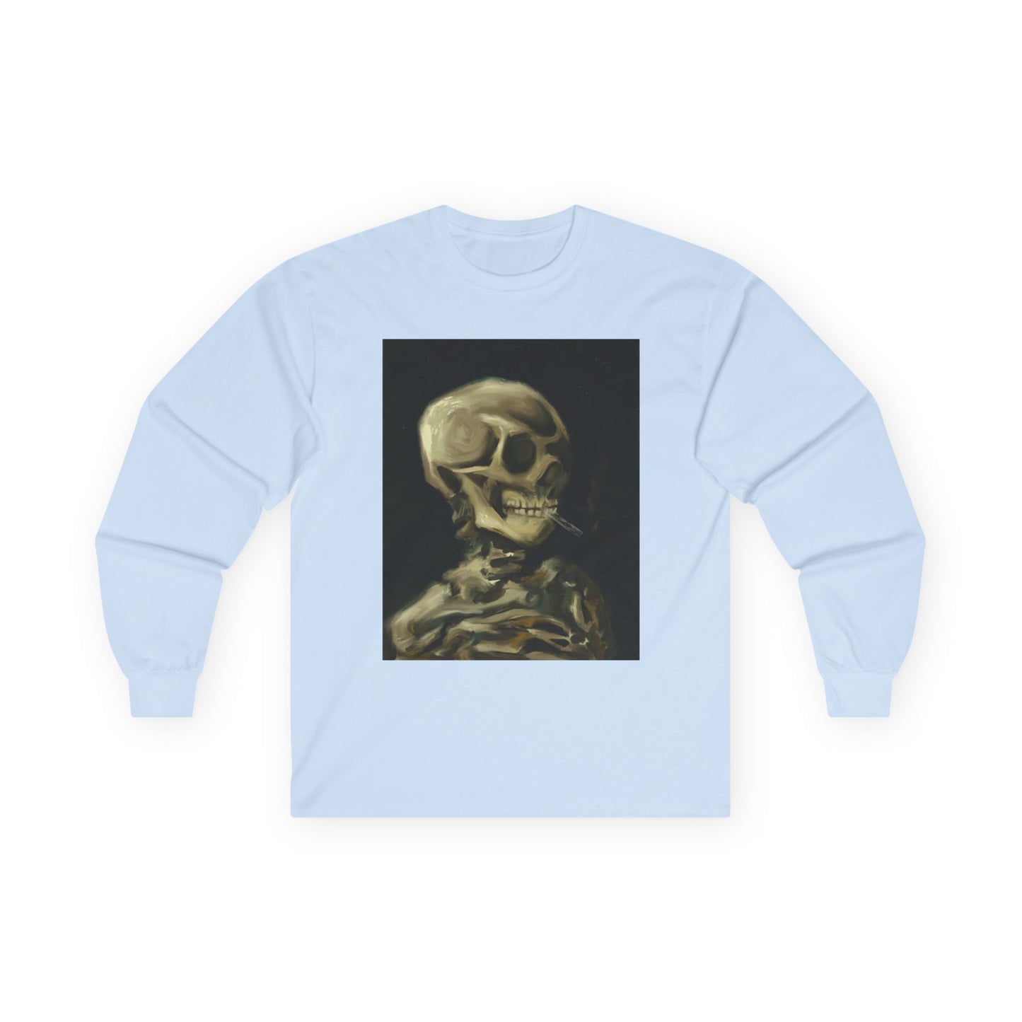 Unisex Long Sleeve Skeleton Tee - Spooky Casual Wear, Gift for Skeleton Lovers, Graphic Tee, Autumn Fashion | Abstract Twist on Van Gogh's Skeleton with Burning Cigarette, Van Gogh Art Reimagined