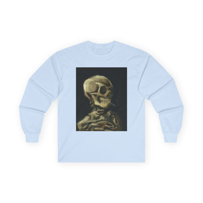 Unisex Long Sleeve Skeleton Tee - Spooky Casual Wear, Gift for Skeleton Lovers, Graphic Tee, Autumn Fashion | Abstract Twist on Van Gogh's Skeleton with Burning Cigarette, Van Gogh Art Reimagined