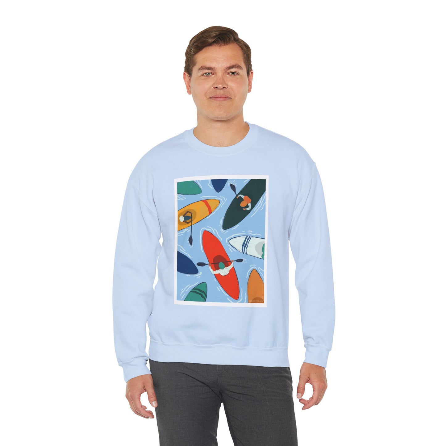 Colorful Kayak Print Crewneck Sweatshirt, Cozy Unisex Pullover, Perfect for Outdoor Lovers, Kayaking Gift, Summer Vibes, Artsy Crewneck, Comfy Pullover, Funky, Quirky Art