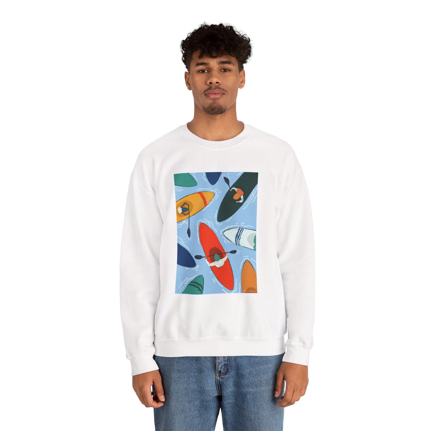 Colorful Kayak Print Crewneck Sweatshirt, Cozy Unisex Pullover, Perfect for Outdoor Lovers, Kayaking Gift, Summer Vibes, Artsy Crewneck, Comfy Pullover, Funky, Quirky Art