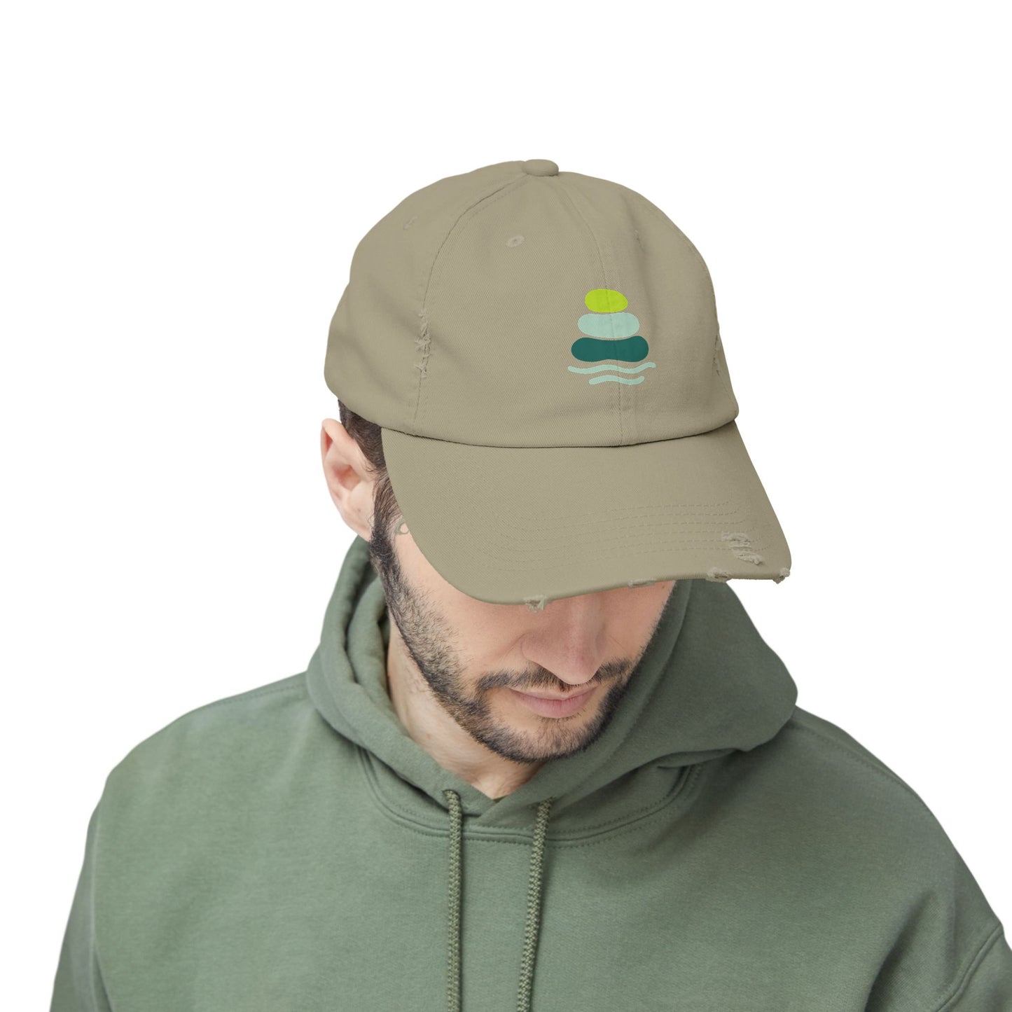 Relaxed Unisex Distressed Cap with Peaceful Stone Design, Casual Hat for Nature Lovers, Summer Accessory, Gift for Her/Him, Outdoor Wear, Serene, Mindfulness Gifts