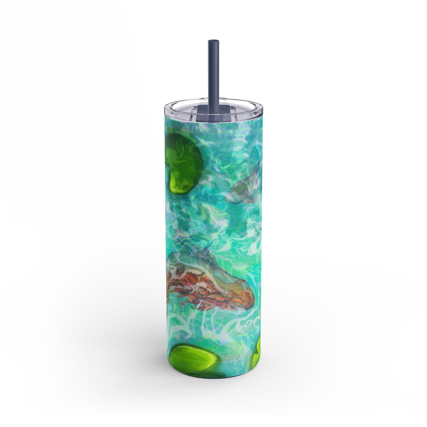 Skinny Tumbler with Abstract Water Design, Eco-Friendly Drinkware, Cool Gift for Her, Summer Vibes, Home & Office Decor, Lily Pads, Fish Pond