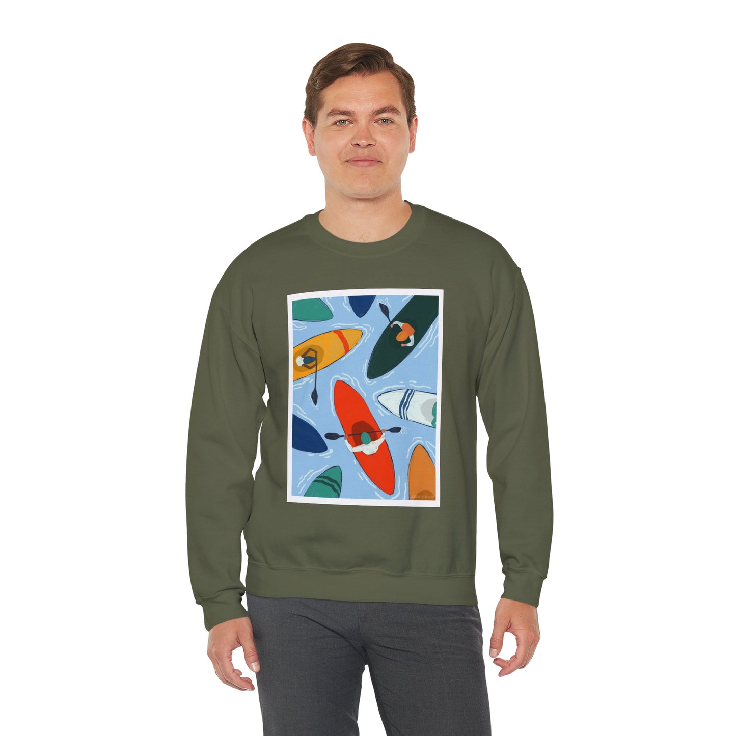 Colorful Kayak Print Crewneck Sweatshirt, Cozy Unisex Pullover, Perfect for Outdoor Lovers, Kayaking Gift, Summer Vibes, Artsy Crewneck, Comfy Pullover, Funky, Quirky Art