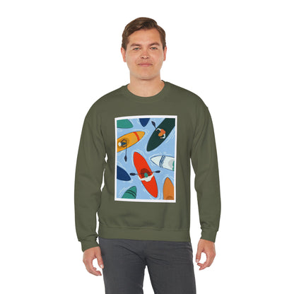 Colorful Kayak Print Crewneck Sweatshirt, Cozy Unisex Pullover, Perfect for Outdoor Lovers, Kayaking Gift, Summer Vibes, Artsy Crewneck, Comfy Pullover, Funky, Quirky Art