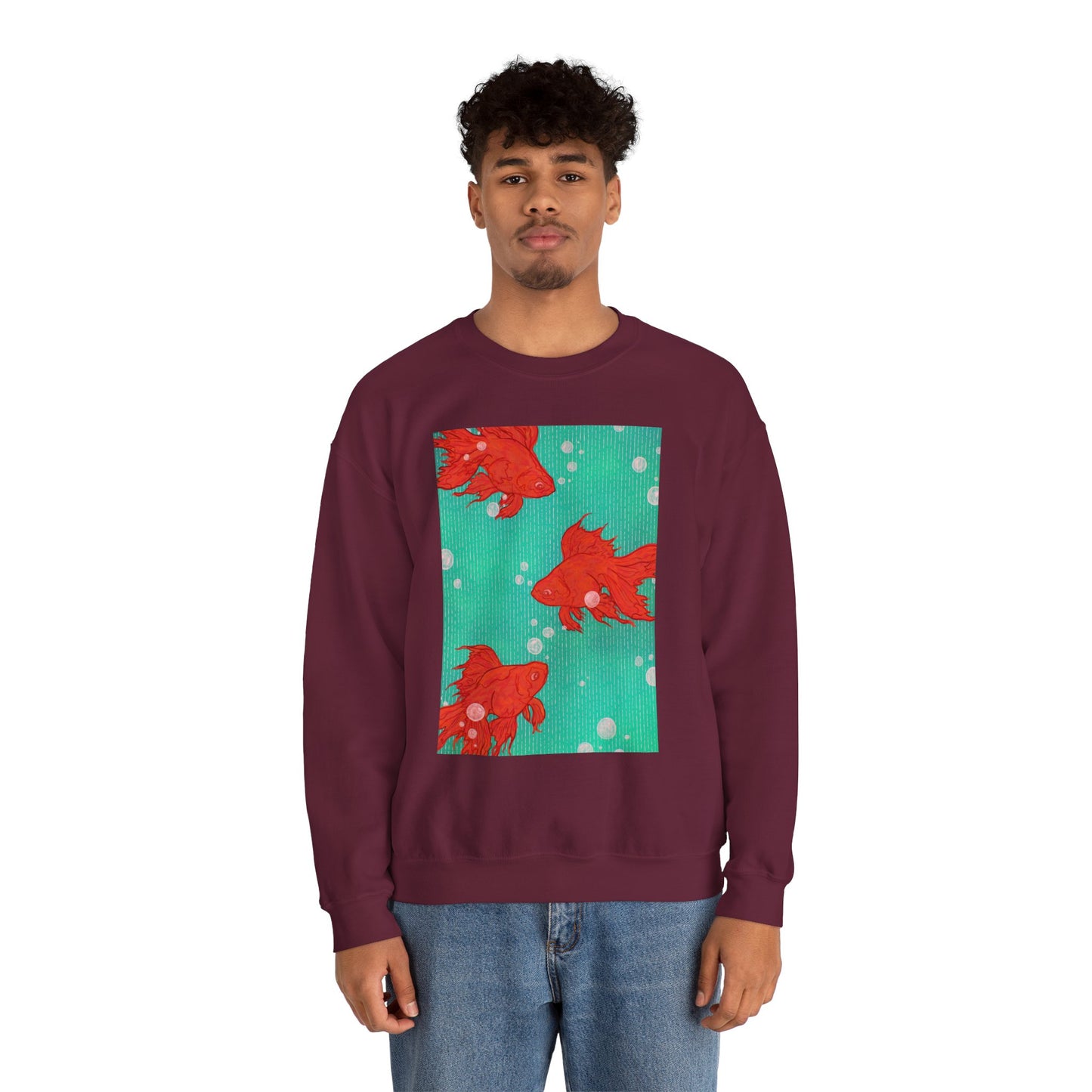 Colorful Fish Graphic Crewneck Sweatshirt, Cozy Unisex Sweater, Fun Graphic Top, Ideal Gift for Fish Lovers, Casual Everyday Wear, Comfy Goldfish Crewneck
