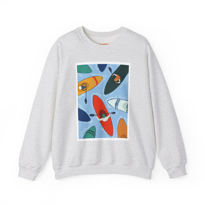 Colorful Kayak Print Crewneck Sweatshirt, Cozy Unisex Pullover, Perfect for Outdoor Lovers, Kayaking Gift, Summer Vibes, Artsy Crewneck, Comfy Pullover, Funky, Quirky Art