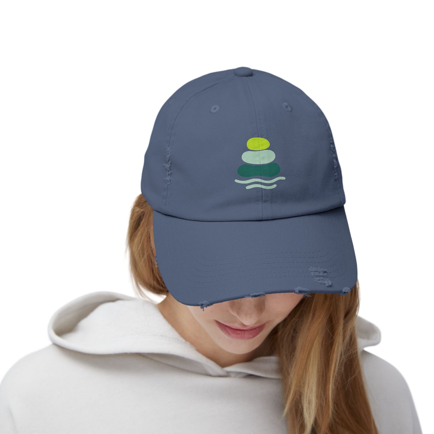 Relaxed Unisex Distressed Cap with Peaceful Stone Design, Casual Hat for Nature Lovers, Summer Accessory, Gift for Her/Him, Outdoor Wear, Serene, Mindfulness Gifts