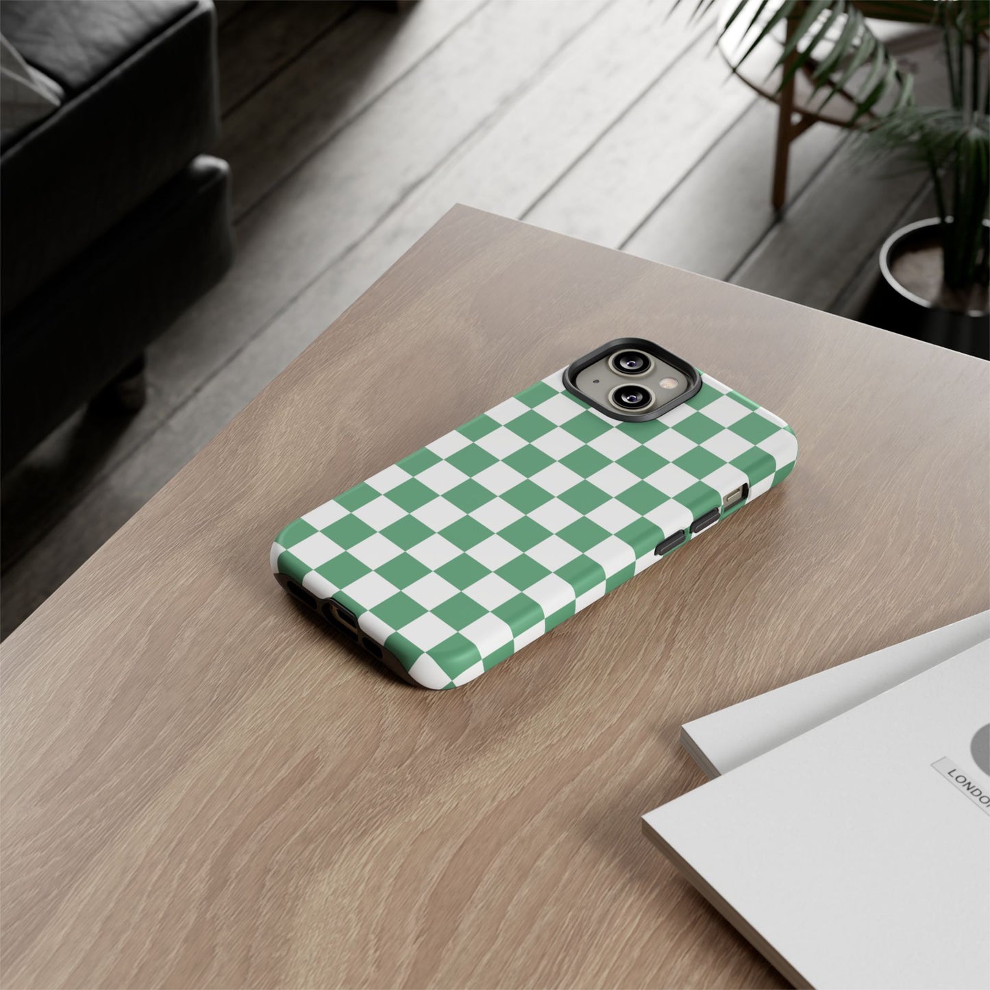 Stylish Phone Case - Green Checker Print, Trendy Phone Cover, Unique Gift, Modern Accessories, Eco-Friendly Case