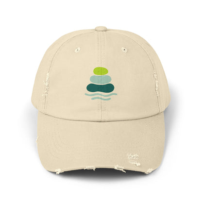 Relaxed Unisex Distressed Cap with Peaceful Stone Design, Casual Hat for Nature Lovers, Summer Accessory, Gift for Her/Him, Outdoor Wear, Serene, Mindfulness Gifts