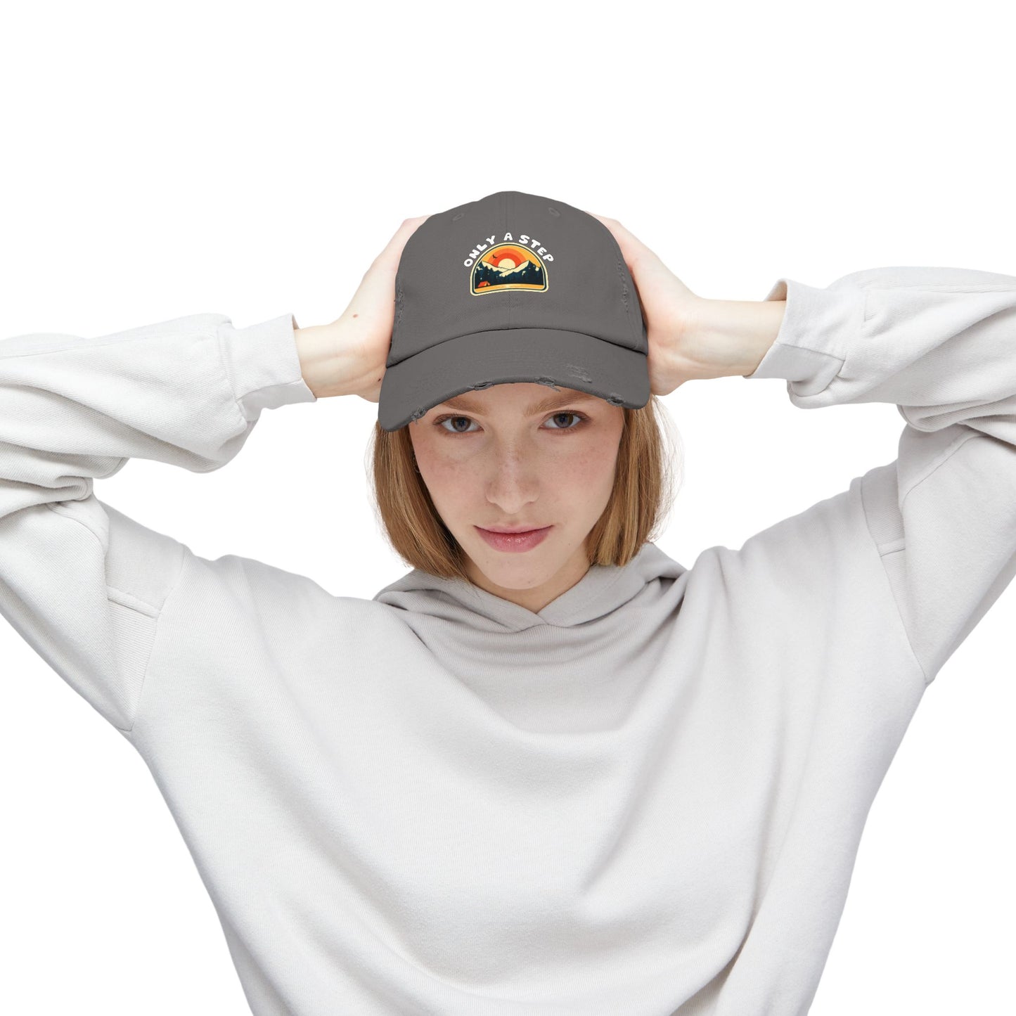 Distressed Cap — “Only a Step” Retro Mountain Sunset Hat