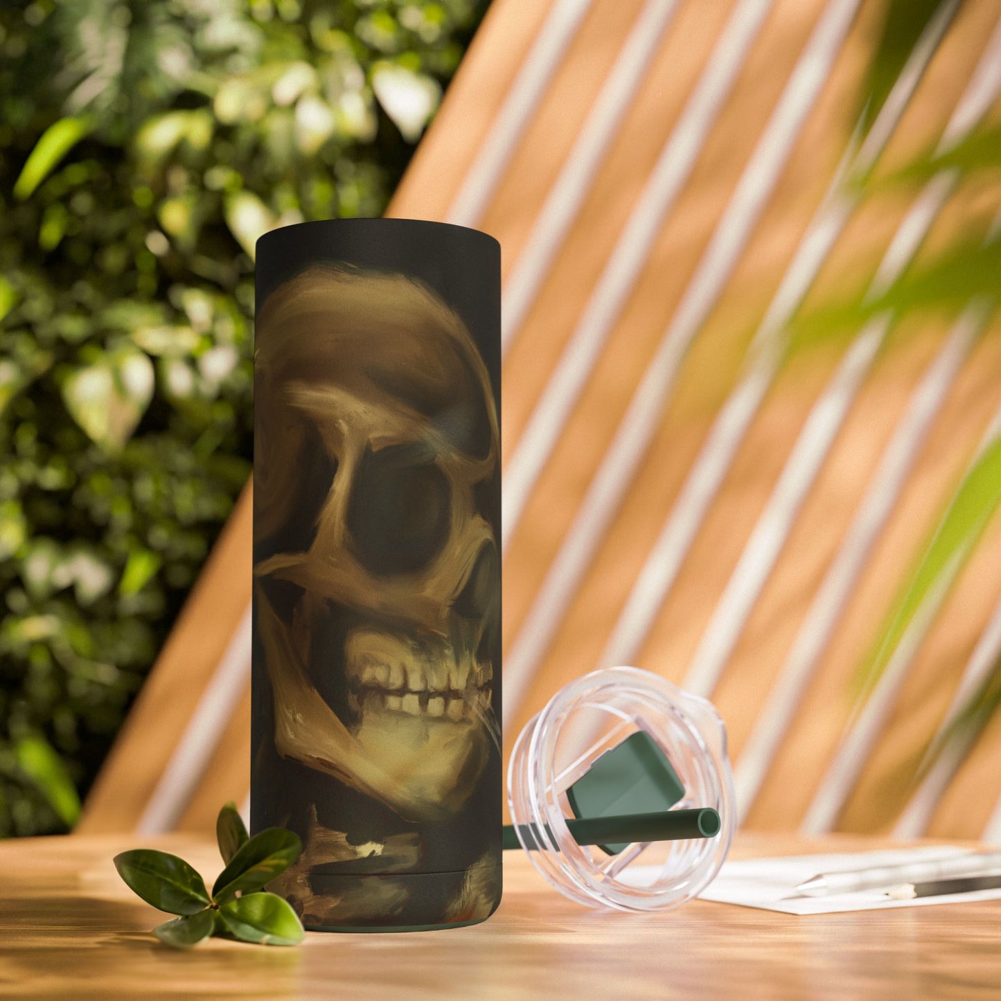 Gothic Skull Tumbler, 20oz | Unique Matte Travel Cup | Halloween Decor | Day of the Dead | Edgy Gifts for Skull Lovers, Reusable Drinkware | Van Gogh's Skeleton with Burning Cigarette Reimagined, Abstract Modern Twist Art