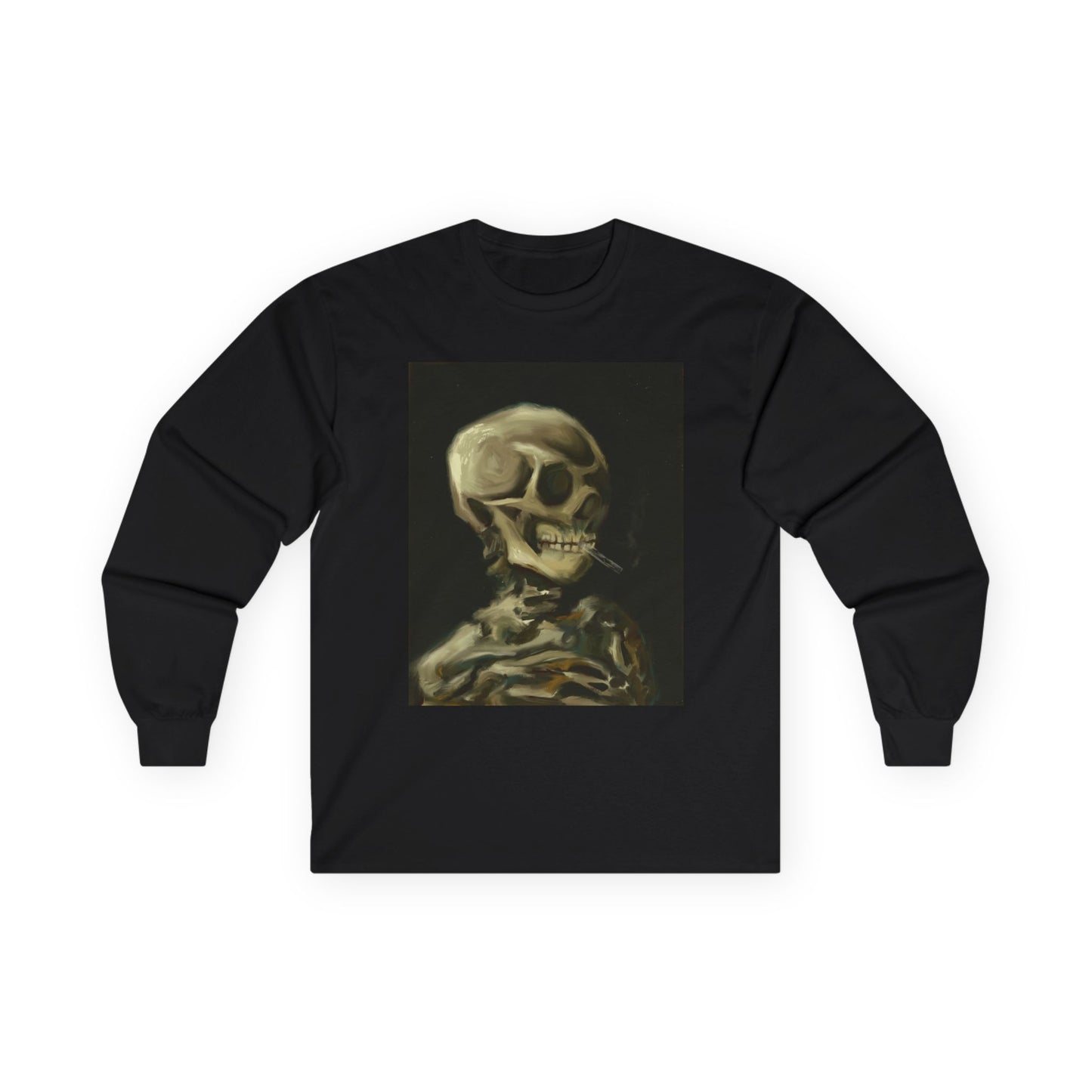 Unisex Long Sleeve Skeleton Tee - Spooky Casual Wear, Gift for Skeleton Lovers, Graphic Tee, Autumn Fashion | Abstract Twist on Van Gogh's Skeleton with Burning Cigarette, Van Gogh Art Reimagined