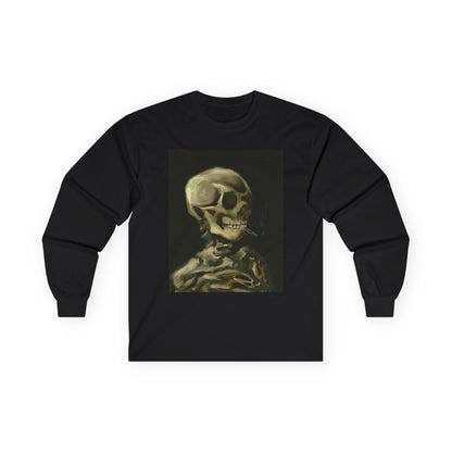 Unisex Long Sleeve Skeleton Tee - Spooky Casual Wear, Gift for Skeleton Lovers, Graphic Tee, Autumn Fashion | Abstract Twist on Van Gogh's Skeleton with Burning Cigarette, Van Gogh Art Reimagined
