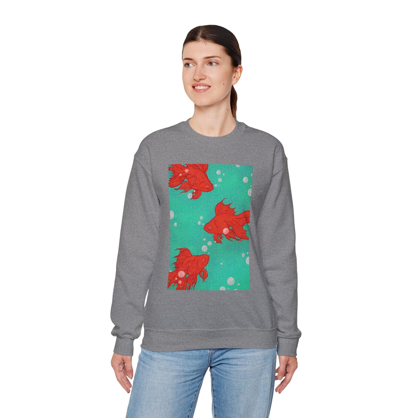 Colorful Fish Graphic Crewneck Sweatshirt, Cozy Unisex Sweater, Fun Graphic Top, Ideal Gift for Fish Lovers, Casual Everyday Wear, Comfy Goldfish Crewneck