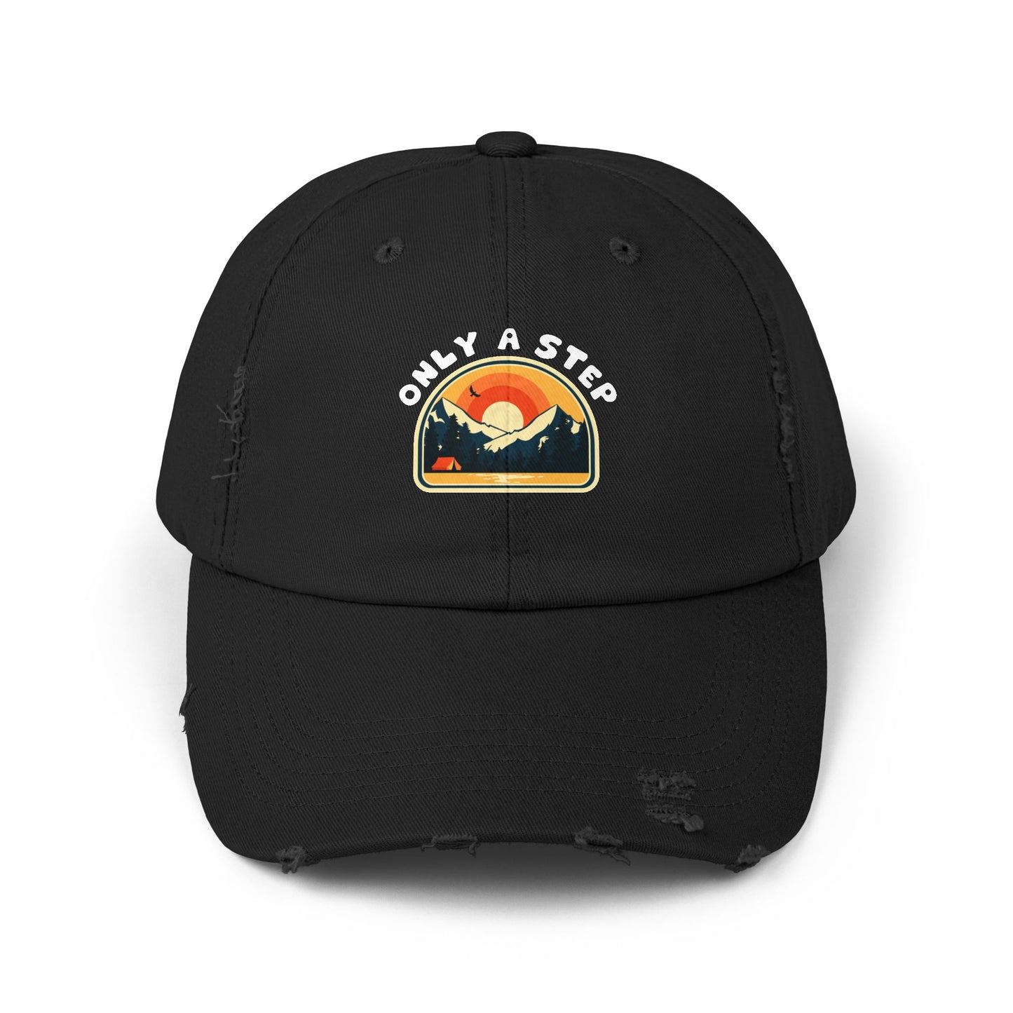 Distressed Cap — “Only a Step” Retro Mountain Sunset Hat