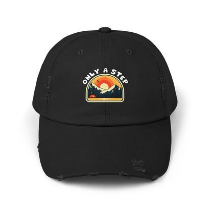 Distressed Cap — “Only a Step” Retro Mountain Sunset Hat
