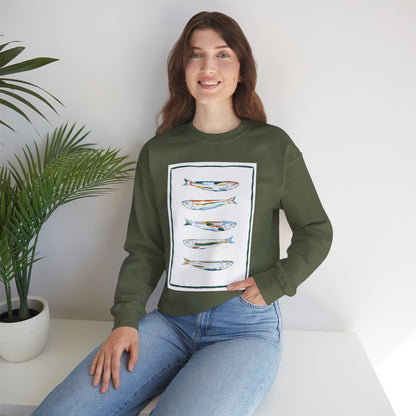 Row of Funky Fish Design Crewneck Sweatshirt - Cozy Unisex Apparel, Perfect for Fishing Lovers, Gift for Nature Enthusiasts, Casual Wear, Artsy Crewnecks, Quirky Fish, Fun Art, Comfy Sweatshirts