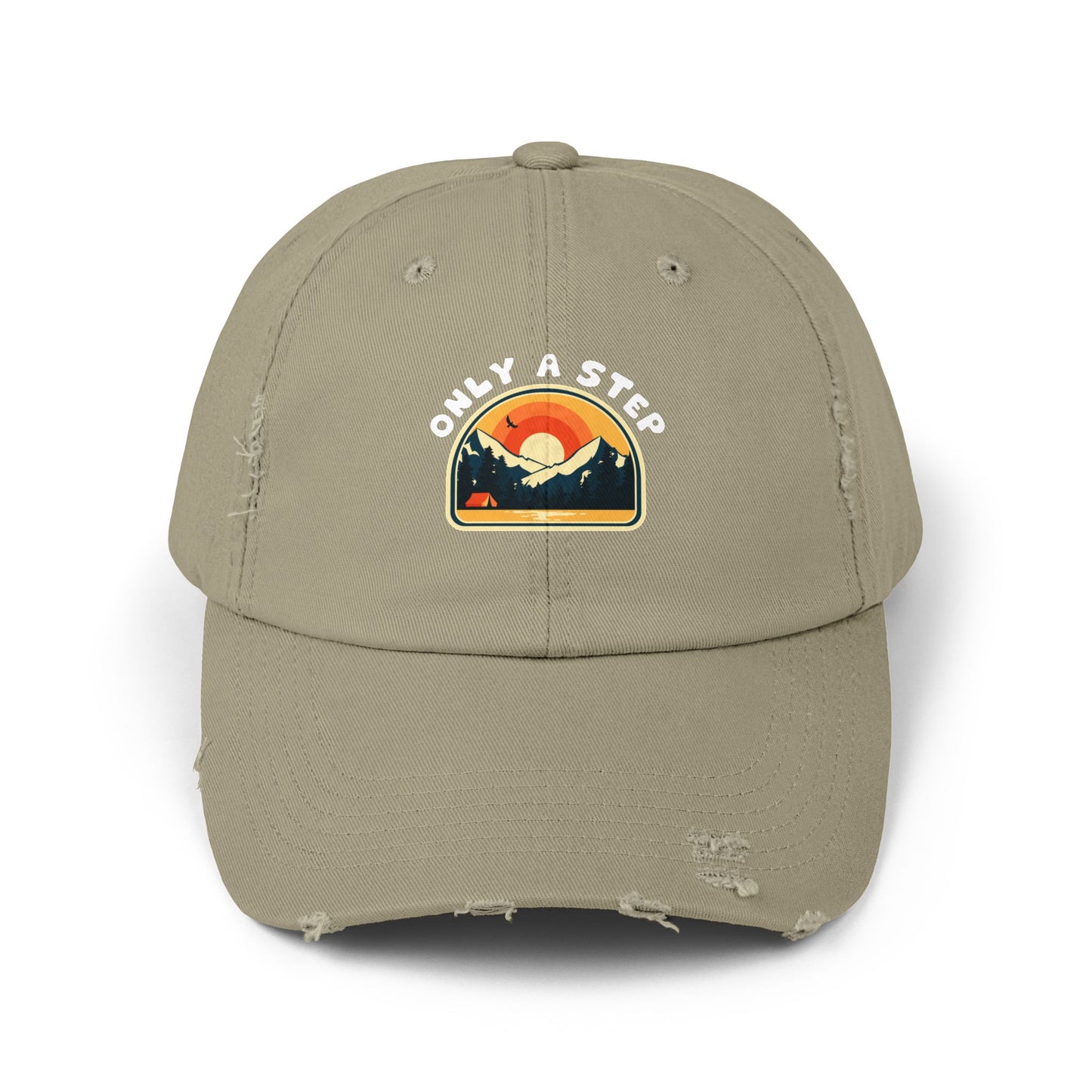 Distressed Cap — “Only a Step” Retro Mountain Sunset Hat
