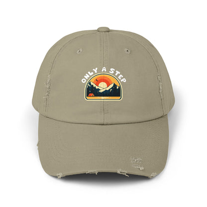 Distressed Cap — “Only a Step” Retro Mountain Sunset Hat