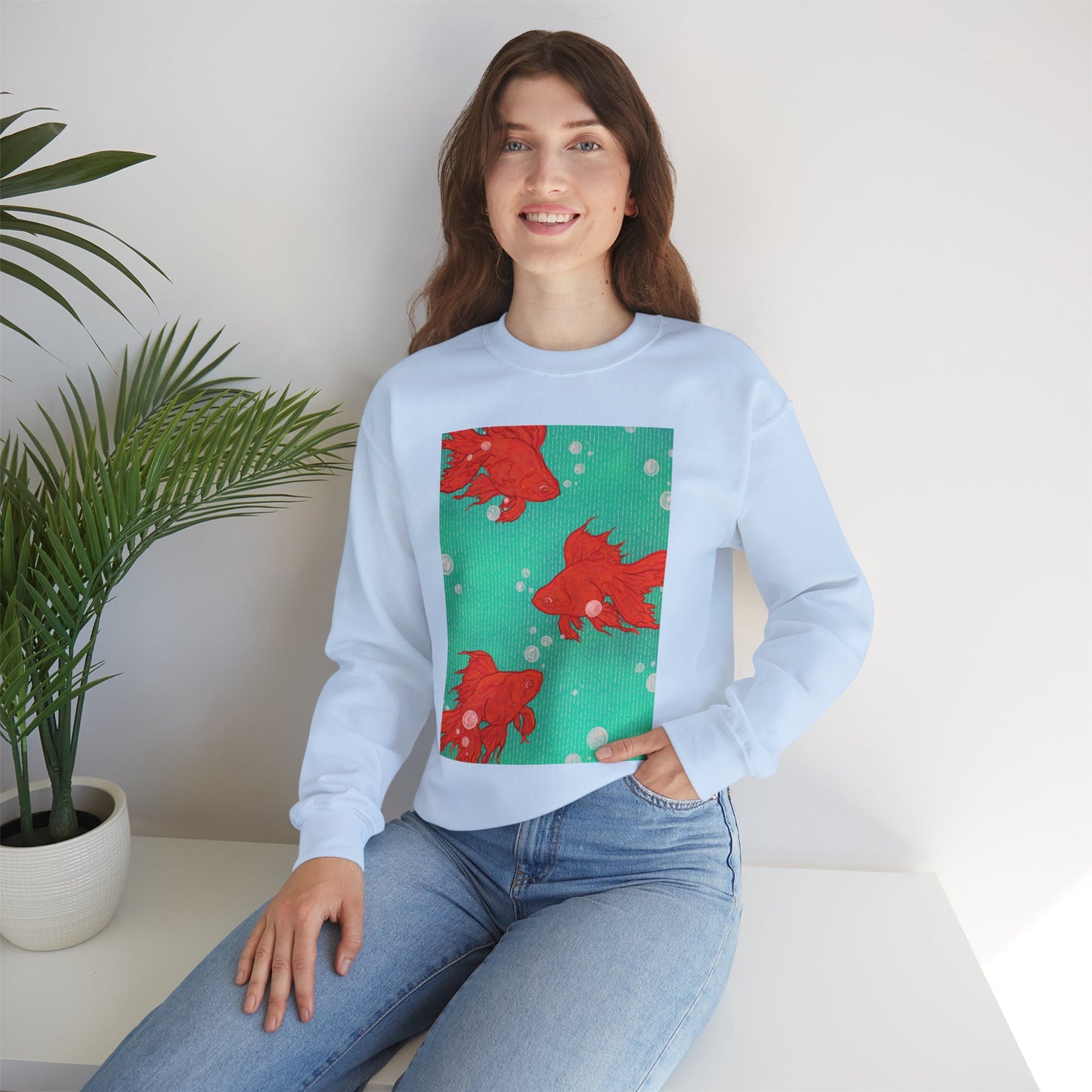 Colorful Fish Graphic Crewneck Sweatshirt, Cozy Unisex Sweater, Fun Graphic Top, Ideal Gift for Fish Lovers, Casual Everyday Wear, Comfy Goldfish Crewneck
