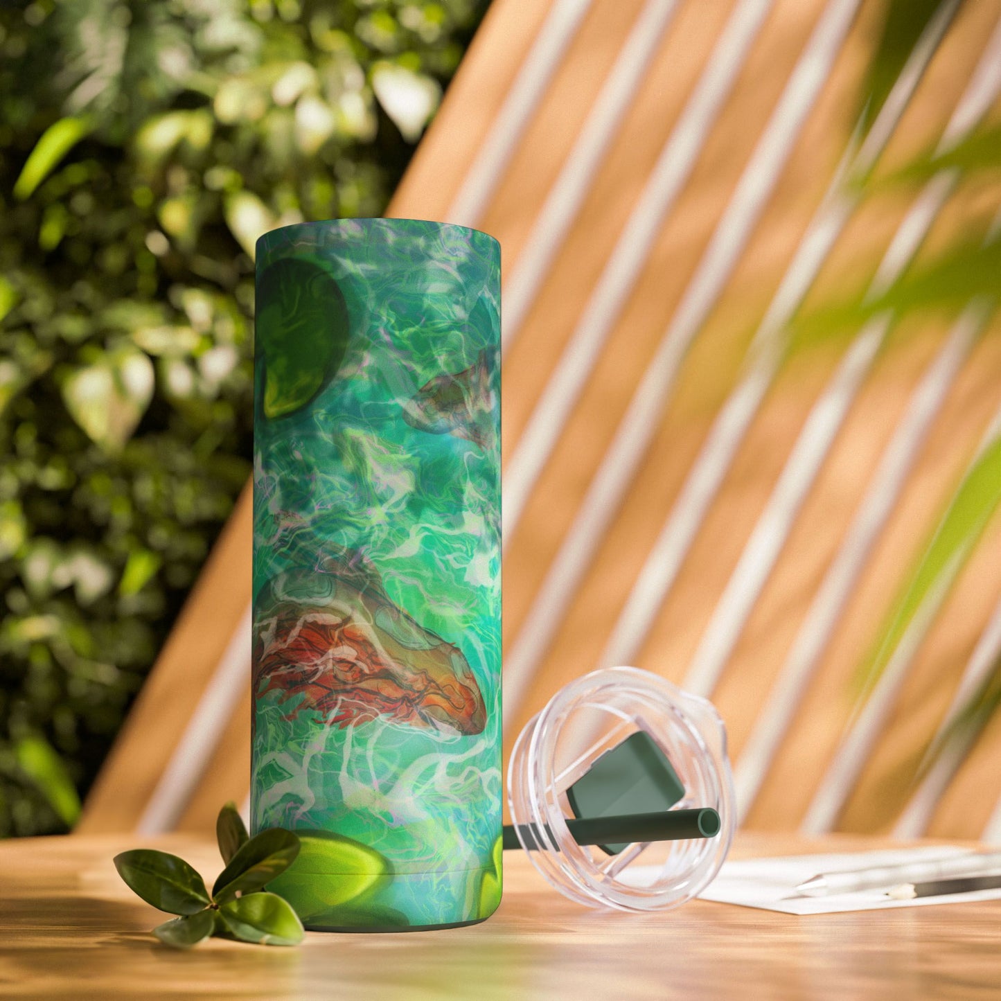 Skinny Tumbler with Abstract Water Design, Eco-Friendly Drinkware, Cool Gift for Her, Summer Vibes, Home & Office Decor, Lily Pads, Fish Pond
