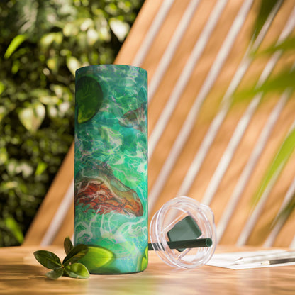 Skinny Tumbler with Abstract Water Design, Eco-Friendly Drinkware, Cool Gift for Her, Summer Vibes, Home & Office Decor, Lily Pads, Fish Pond