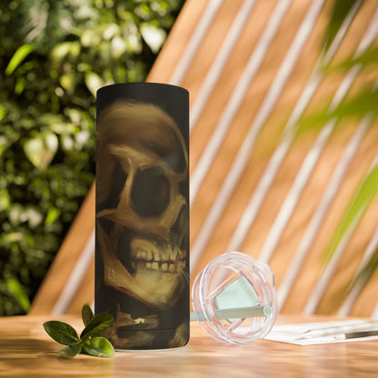 Gothic Skull Tumbler, 20oz | Unique Matte Travel Cup | Halloween Decor | Day of the Dead | Edgy Gifts for Skull Lovers, Reusable Drinkware | Van Gogh's Skeleton with Burning Cigarette Reimagined, Abstract Modern Twist Art