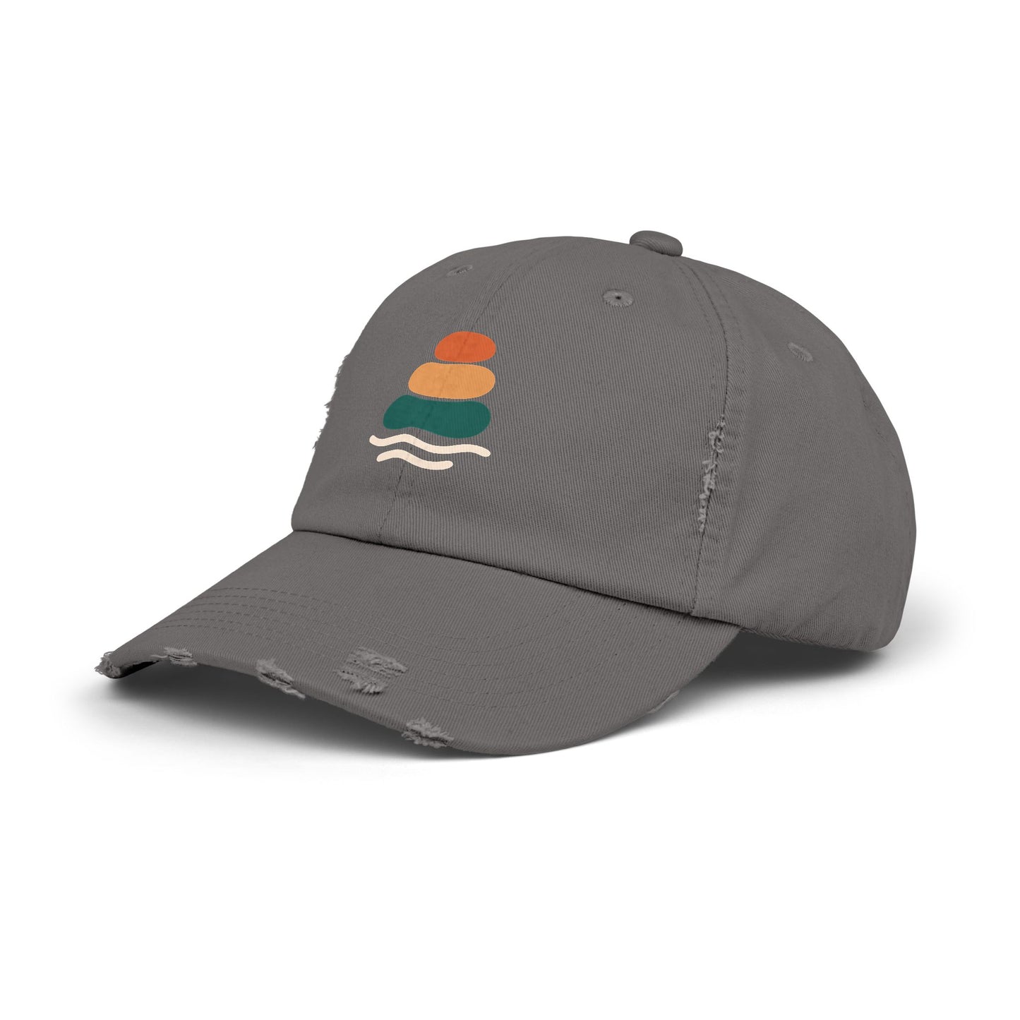 Unisex Distressed Cap with Peaceful Stones Design, Relaxed Vibe, Perfect for Casual Wear, Outdoor Adventures, Gifts for Friends, Beach Wear, Mindfulness Gifts, Serene Crewneck Sweatshirt