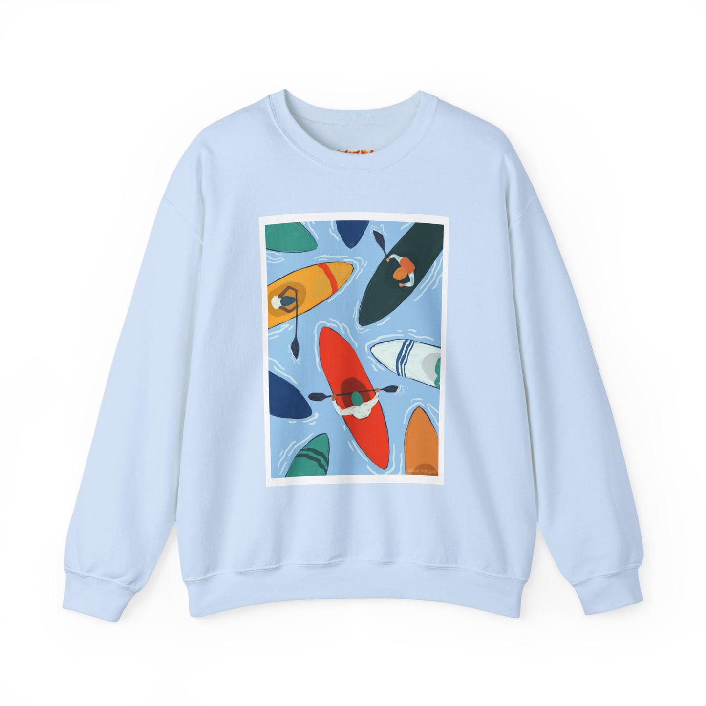 Colorful Kayak Print Crewneck Sweatshirt, Cozy Unisex Pullover, Perfect for Outdoor Lovers, Kayaking Gift, Summer Vibes, Artsy Crewneck, Comfy Pullover, Funky, Quirky Art